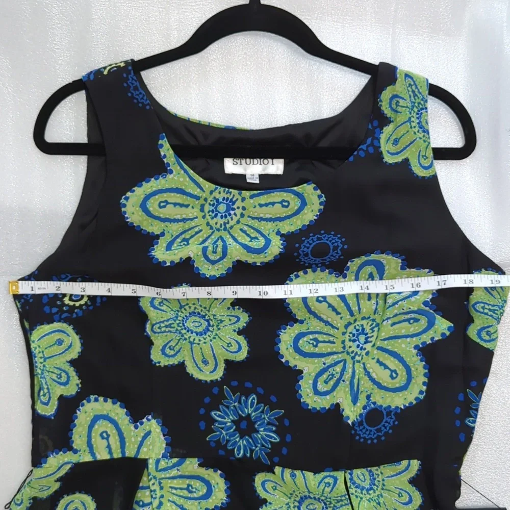 NWOT Studio I Women's 2 Piece Black Floral Chiffon Dress With Blue Jacket Size14 - Picture 5 of 9